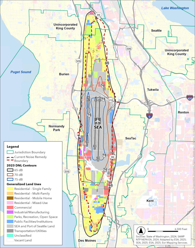 2032 Noise Exposure Map depicting 2032 Noise Contours, current Noise Remediation Boundary, and current land uses. For informational purposes only.